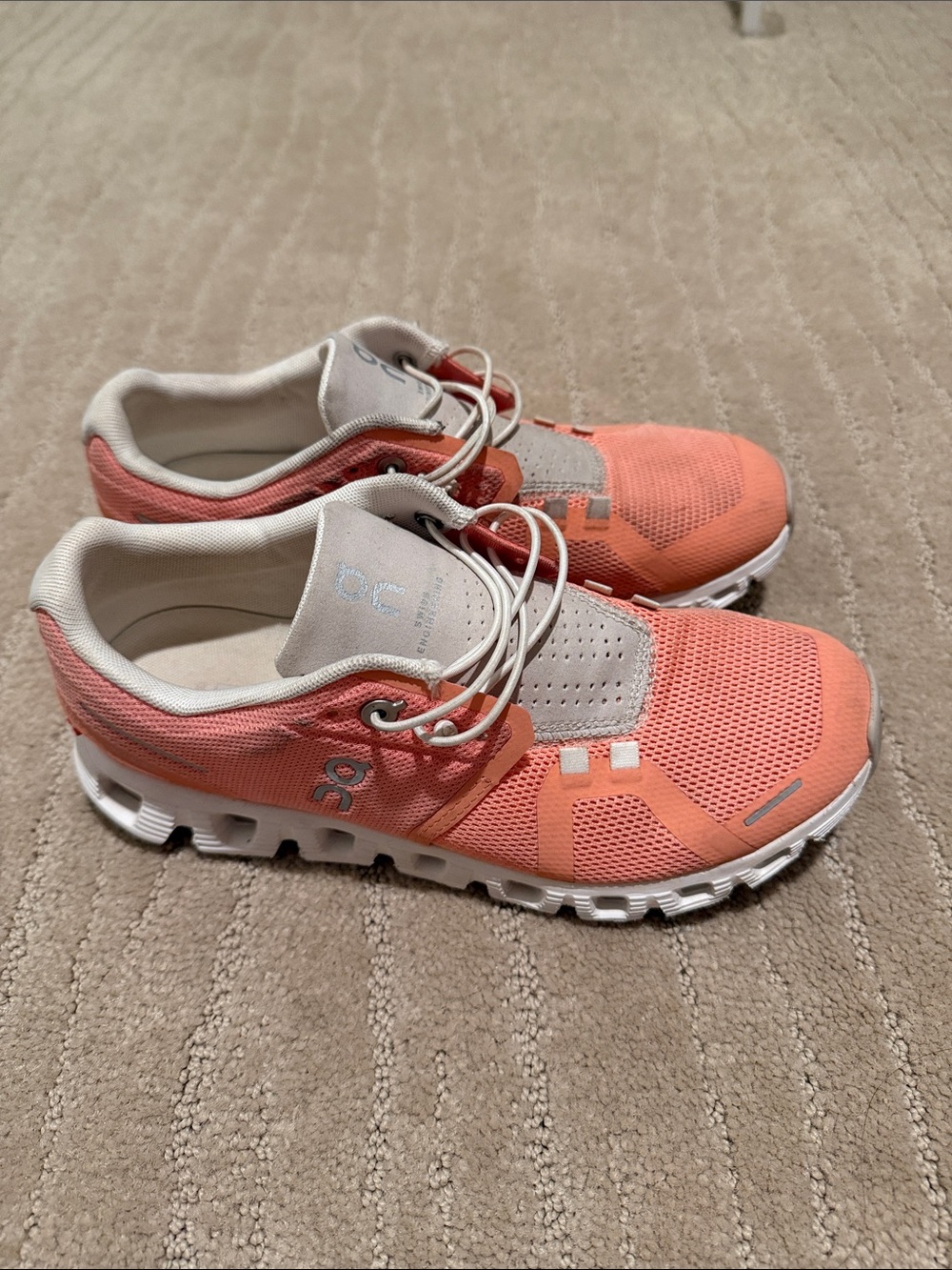 On Running Coral and White Women's Athletic Shoes